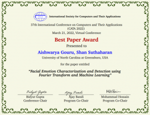 CATA 2022, Best Paper Award, Dr. Shan Suthaharan and Aishwarya Gouru 